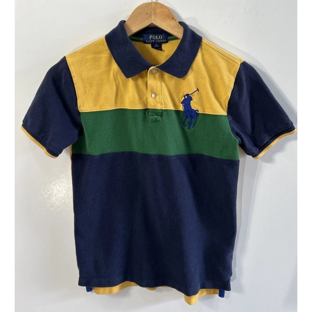 POLO Ralph Lauren Boys Color-Blocked Big Pony #3 Mesh Polo Shirt Sz Med 10-12 EC